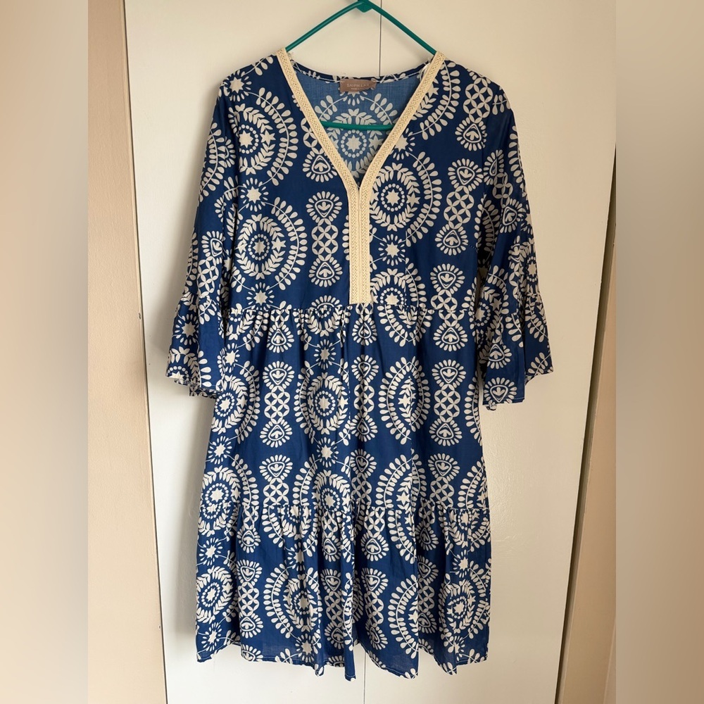 Blue and White Patterned Midi Dress - Picture 1 of 4